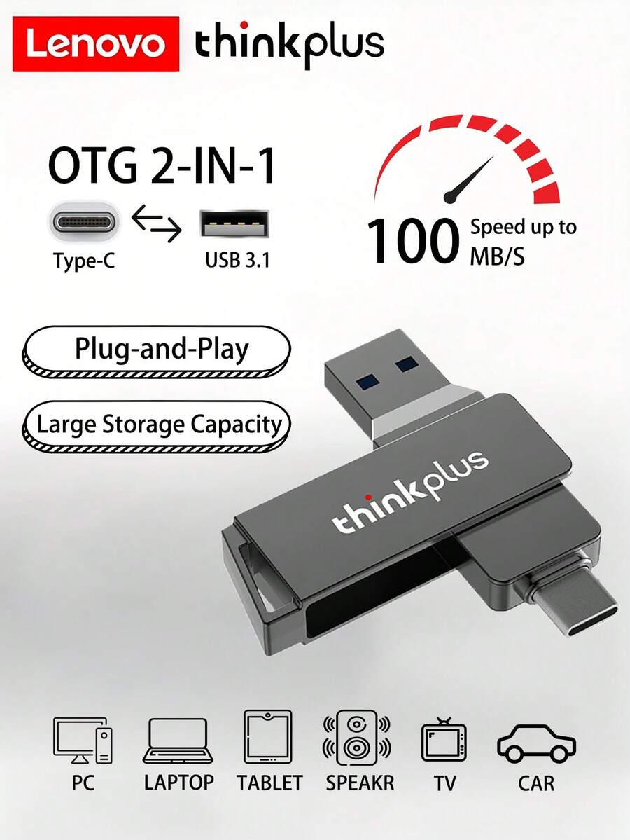 Lenovo ThinkPlus Phone USB Flash Drive Type-C Dual Interface, Compatible With Phone And Computer, Memory Expansion, Large Capacity, High-Speed Metal USB Drive MU251 Dual Interface - View 1