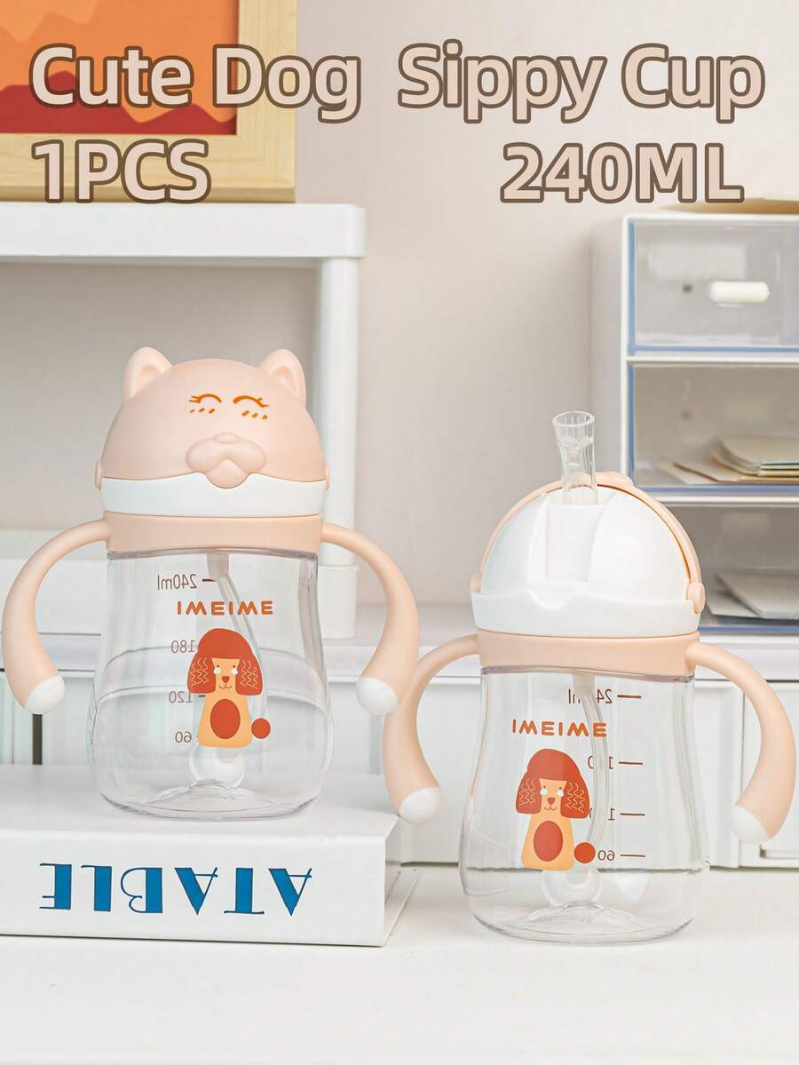 1個 240ml 卡通吸管杯 兒童用,可愛嬰兒訓練杯,360°飲水,Tritan 防漏防摔,附手柄與刻度,適合日常使用 - 微笑汪粉 - 查看 1