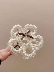 1pc Pearl Beaded Flower Hair Claw, Brown Ribbon Heart-Shaped Bow Large Transparent Hair Clip, Vintage Elegant Updo Hair Claw, Suitable For Women's Wedding And Daily Hairstyles - Multicolor - View 4