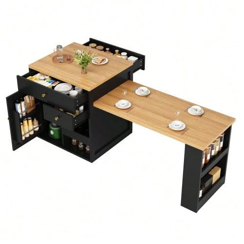 Multifunctional Kitchen Island With Extendable Tabletop, 122.5–195.5 Cm, White/Black, Load Capacity Up To 60 Kg - Black - View 1