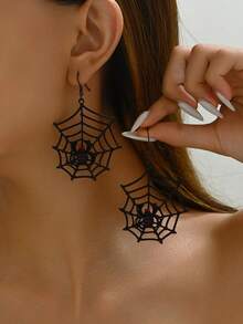 1 Pair Halloween Punk Style Black Spider Web Earrings With Purple Glass Gemstone - Spider - View 1