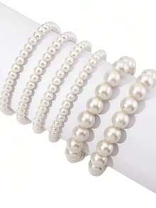 6pcs French Vintage Elegant Fashion Minimalist Luxury Layered Faux Pearl Bracelets For Women Daily Holiday Commute Wear - White - View 3