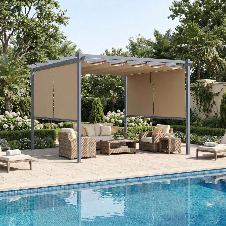 12 X Ft Outdoor With Retractable Shade Canopy, Matte Aluminum Frame, 4 Roller Curtains, Grape For Patio, Backyard, Garden, And Deck, Brown - A - View 1
