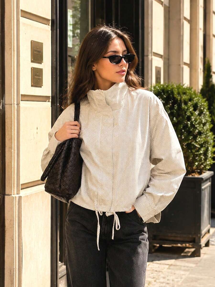 女款春季格紋拉鍊式寬鬆飛行夾克 女士半季輕便外套 外出休閒穿搭 女街頭風夾克 - 彩色 - 查看 1