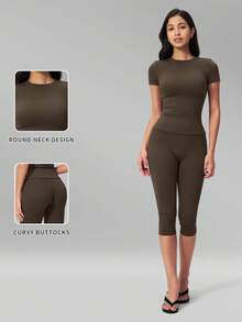 MFVIM Women 2pcs Solid Color Slim Fit Short Sleeve T-Shirt And Capris Leggings, Casual Outdoor Sports Fitness Set - Coffee Brown - View 3