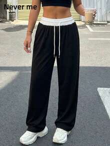 Never me Women's Sporty Wide-Waist Straight-Leg Sweatpants, Soft Drape, Casual Outdoor Training Trousers - Black - View 10