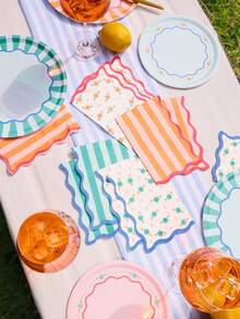Colorful Vertical Stripe & Floral Disposable Napkins | Wavy Scalloped Edge, Fresh Contrast Print | Picnic BBQ, Bridal Shower & Holiday Table Setting Essential - Blue - View 5