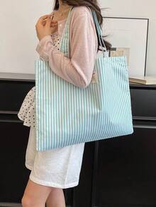Striped Casual Large Capacity Minimalist Shopping Vacation College Tote Bag - Green - View 6