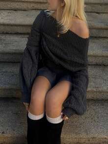 Women's Knitted Off-Shoulder Sweater, Long Raglan Sleeve Regular Length Pullover, Suitable For Autumn Wear - Grey - View 7