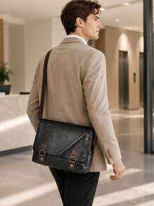 Men's Vintage Business Crossbody Bag, Flap Messenger Bag, Multi-Compartment Large Capacity, Shoulder Bag, PU Leather, Textured, Colorblock Satchel - Black - View 2