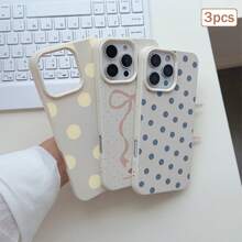 3pcs Polka Dot Print Leather Texture TPU Shockproof Full Coverage Protective Phone Case Compatible With Apple 11/12/13/14/15/16/17 Pro Max - Antique White - View 5