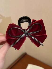 1 Stück Stück Damen einfarbige Stoff-Samt-Haarspange mit Strass-Schleife, 11 cm, modisch elegant, doppellagige Schleife, hochwertiges Gefühl, Haaraccessoire für Alltag/Date/Pendeln/Ballparty-Outfit-Matching, Bademantel-Haardekoration - Verschiedenfarbig - Übersicht 8