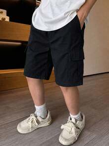 1件装 男童时尚休闲工装短裤，带大口袋，宽松舒适版型 儿童百慕大短裤 - 黑色 - 查看 4