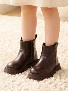 1 Pair 2026 New Side Zipper Thick Sole Kids Boots, Glossy Soft Leather Minimalist Design, Versatile And Durable Style, Suitable For School, Commuting And Autumn/Winter Outfits - Brown - View 6