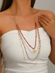 1pc Women's Creative Multi-Layer Rice Bead Necklace, Suitable For Daily And Vacation Wear - Burgundy - View 4