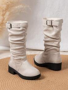 1 Pair Girls' Ruched Stacked Shaft Boots, Vintage Western Style, Easy To Match With Skirts And Pants - Beige - View 5