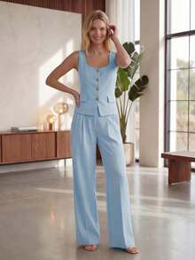 Outono e Inverno ADD MODA REF AS1921 CONJUNTO CALÇA E BLUSA COM BOTÕES DOURADOS - Azul - Visão 2