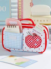 1pc Cute Printed Stationery Storage Bag With Mushroom Apple Star Pattern, Multi-Compartment Large Capacity Pencil Case, For Back To School, First Day Of School - Multicolor - View 4