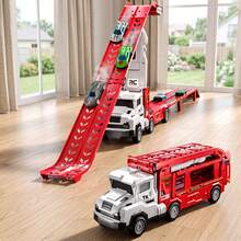 TEMI Truk Mainan Anak 2-in-1 dengan Dua Jalur, Cocok untuk Anak Usia 3 Tahun ke Atas, Termasuk 12 Mobil Kecil, Tinggi Dapat Diatur dan Dua Jalur Dapat Diperpanjang, Hadiah Ulang Tahun dan Natal yang Ideal - Merah - View 8