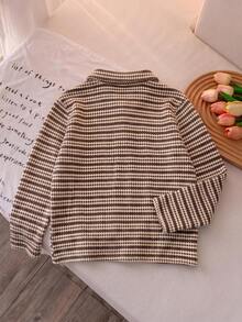 1pc Girls' Vintage Striped Polo Shirt, Cute Cherry Embroidery Collar, Spring/Autumn Knit Top - Multicolor - View 4