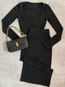 Black Ribbed Square Neck Long Sleeve Cropped Top And High Waist Bodycon Maxi Skirt 2-Piece Set, Suitable For Autumn/Winter Daily Commute, Dating And Streetwear - Black - View 3