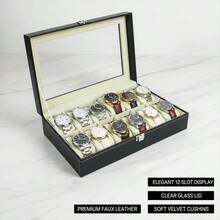 12-Slot Transparent Window Watch Storage Box, Gray PU Leather Display Case, Soft Velvet Lining, Metal Clasp - Multicolor - View 6