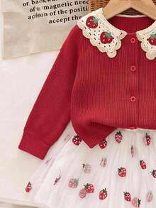 Girls' Fashionable Lapel Knit Cardigan And Strawberry Embroidered Mesh Skirt - Red - View 3