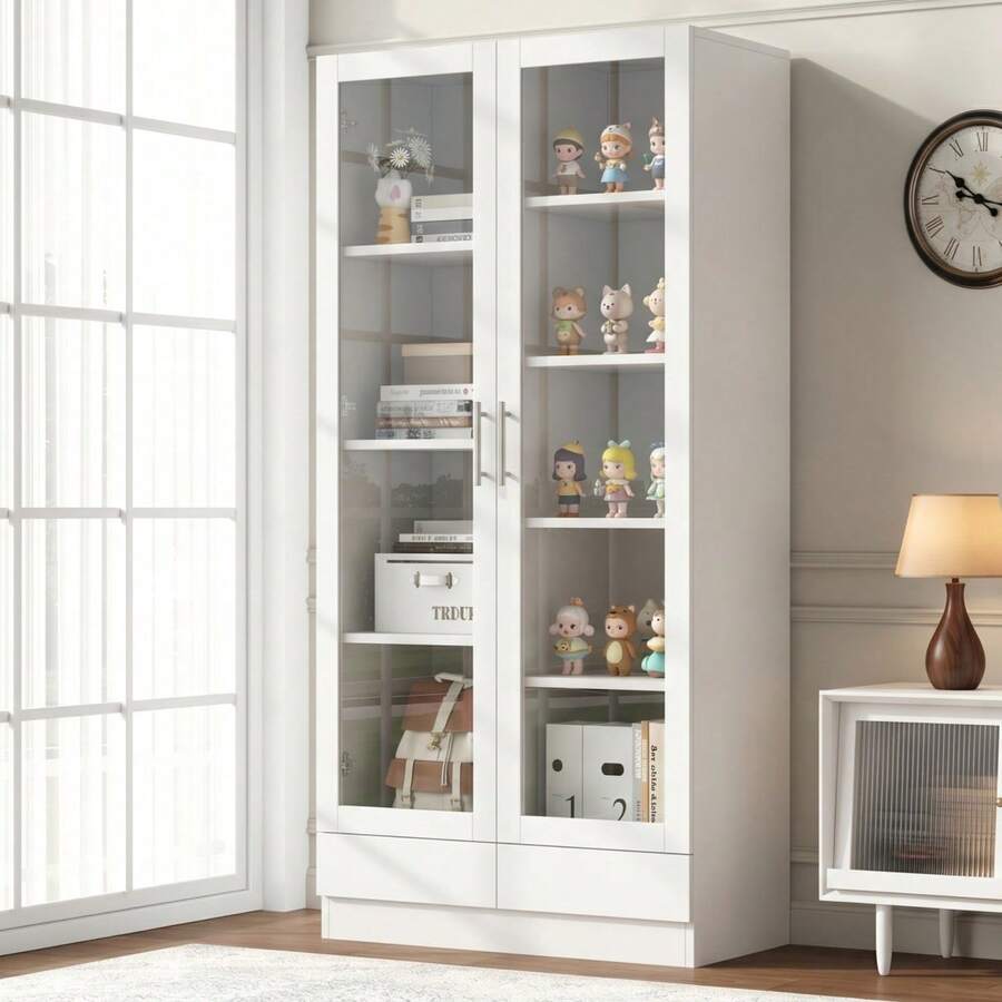 Glass Display Case, Filing Cabinet, Display Case For Collectible Figures, 4-Tier Toy Cabinet With 2 Drawers, App-Controllable RGB Lighting, Children's Furniture, Colorful Ceramic Spherical Handles, White, 60x35x170 - 80*40*160 cm - View 1