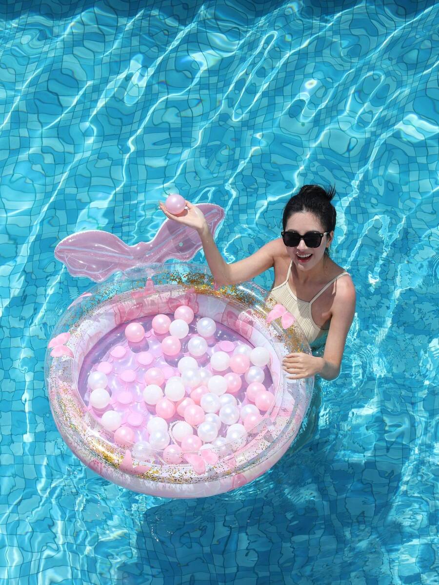 Transparent Pink Mermaid Pool Float Bed With Ball And Glitter, Inflatable Round Water Lounger For Adults, Cute Summer Pool Party Float - Multicolor - View 1
