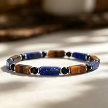 Vintage Rectangular Lapis Lazuli & Tiger Eye Beaded Wealth Bracelet, Matte Black Round Beads With Silver Metal Spacers, Unisex Daily Elastic Bracelet - Multicolor - View 3