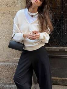 Women's V-Neck Long Sleeve Pullover Sweater - White - View 5