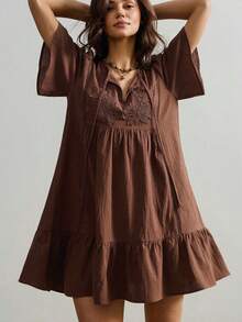 Rusttydustty Women's Pure Cotton Brown Embroidered Patchwork Collar Tie-Up Ruffle Hem Loose Fit A-Line Short Dress, Suitable For Autumn And Halloween - Brown - View 7