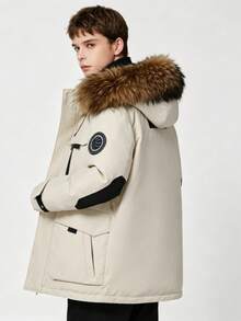 Couples Mid Length Cargo Parka, Faux Fur Hood Multi Pocket Thick Thermal Windproof Unisex Winter Outer Coat - White - View 3