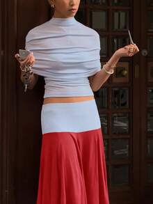 DOUCIU Chic Women's Three Pieces Set Featuring Stand Collar Light Blue Draped Top And Vibrant Red A-Line Skirt - Blue - View 4