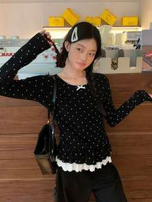 Kaos Lengan Panjang Motif Polkadot Hitam dengan Hiasan Pita, Atasan yang Melangsingkan - Hitam - View 6