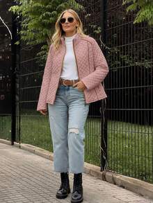 Giolshon 女款街頭風休閒連帽填充外套，附口袋，輕量絎縫填充外套，適合春/秋/冬日常穿著 - 粉色 - 查看 6