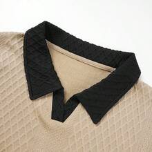 Men's Luxury Contrast Color Black Turn-Down Collar Diamond Grid Textured Long Sleeve Polo Shirt, V-Neck Jacquard Casual Top For Spring And Autumn - Khaki - View 6