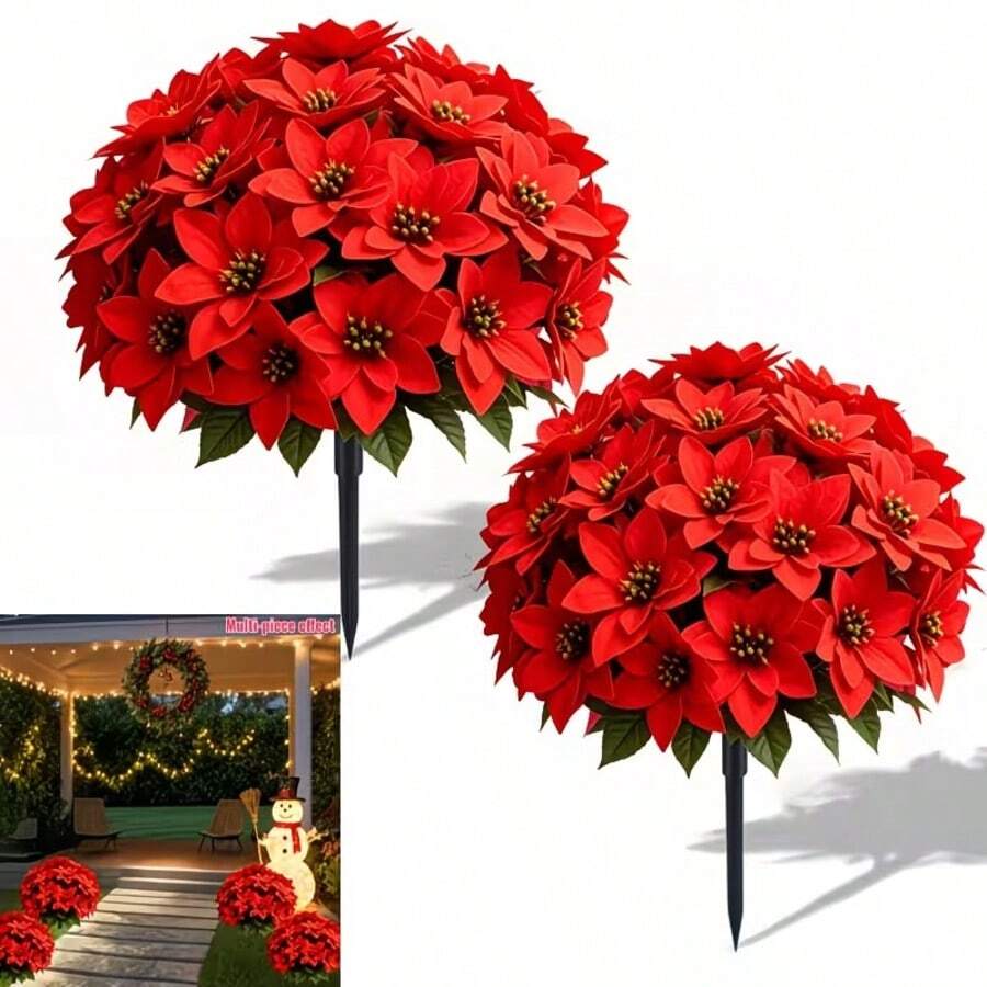 5pcs Set Vibrant Artificial Poinsettia + Spiky Plant - Energetic, Color-Fast Artificial Plants, Suitable For Christmas, Halloween, Outdoor Weddings, Home, Indoor And Outdoor Decor - Perfect For Porch, Balcony, Outdoor Patio And Gift Giving, No Maintenance Required - Red - View 1