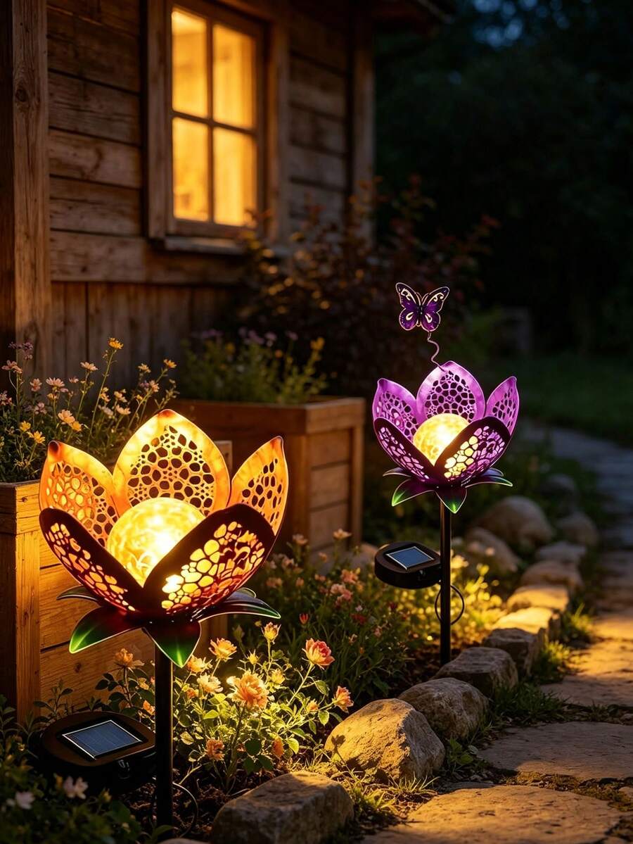 1pc Solar Powered Tulip/Purple Butterfly Decorative Garden Stake Light, Waterproof Metal Garden LED Light, Suitable For Yard, Garden, Lawn, Pathway, Patio, Courtyard, Decorative Atmosphere Light - Multicolor - View 1