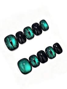 10pcs Handmade Short Square Press-On Nails, Glossy Pure Black Base, Glowing Green Pearl Cat Eye Gradient, Hand-Painted Demon Eye Pattern, Mysterious Cool Gothic Style Halloween Manicure - Green - View 2