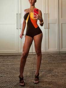 Women's Sleeveless Halter Neck Short Jumpsuit, Polyester Material, Medium Stretch, Colorblock Design - Brown - View 3