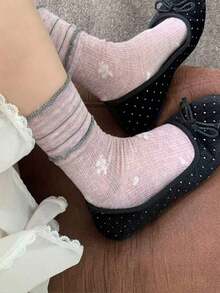 4 Pairs Women's Socks, Spring/Summer Comfortable Versatile Thin Style, Vintage Floral Double Ruffle Edge, Lightweight Breathable Versatile Slouchy College Style Mid-Calf Socks, Suitable For Students Daily Wear, Gatherings, Home Wear, Perfect Gift Choice - Multicolor - View 7