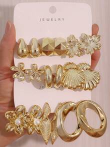 6-18PCS Gold Vintage Casual Commute Full Earring Set, With Flower, Shell, Water Drop, Geometric C-Hoop Designs, Suitable For Daily Commute, Travel, Dating, Casual, Outing Multiple Occasions - Gold - View 2