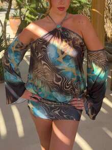 Stylish Women's Knitted Halter Neck Bodycon Short Dress, Long Sleeve Backless Design Perfect For Summer - Blue - View 4