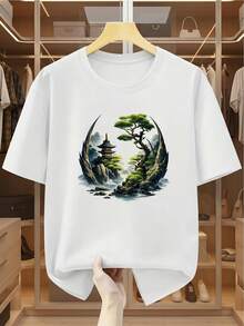 Plus-Size Men's T-Shirt, 100% Cotton, Printed With An Asian Landscape Design Of Pagodas And Waterfalls, Comfortable And Casual, Short-Sleeved. - White - View 2