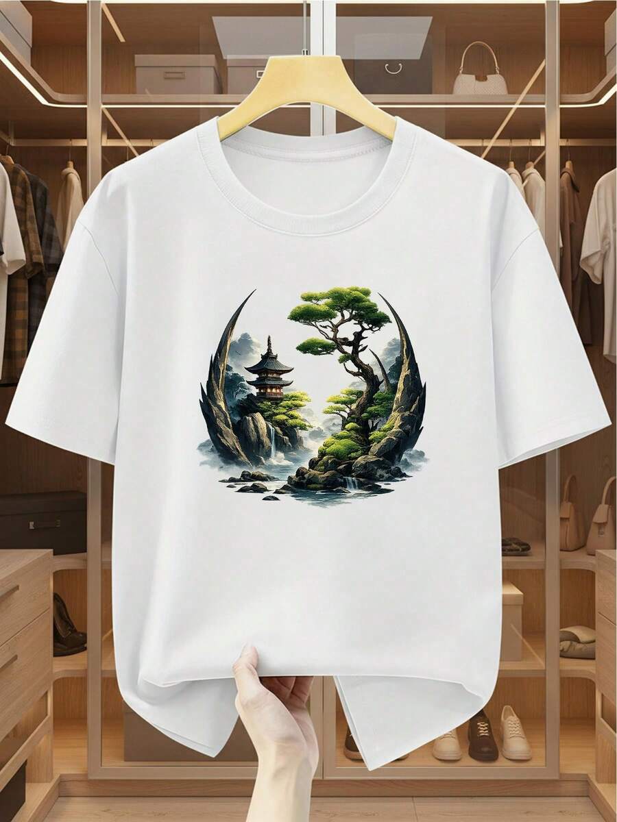 Plus-Size Men's T-Shirt, 100% Cotton, Printed With An Asian Landscape Design Of Pagodas And Waterfalls, Comfortable And Casual, Short-Sleeved.