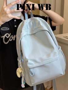 Pastel Blue Minimalist Daily Rucksack, Front Zipper Pocket Side Water Bottle Holders Cute Cartoon Pendant For Campus Travel With - View 1