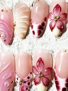 Handmade 3D Flower Diamond Pearl Sequin Round Fake Nails For Women, Medium Length Nail Patches - 粉色 - 查看 3