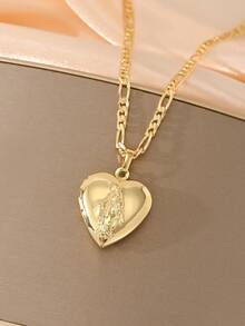 1pc 14K Gold Plated Copper Heart-Shaped Openable Pendant Necklace, Embossed Sacred Heart Pendant With Classic Figaro Chain, Suitable For Christmas/Thanksgiving/Halloween/Mother's Day/Valentine's Day Couples/Friends/Fellow Believers Gift, Catholic First Communion, Gift, Daily And Holiday Wear Prayer - Yellow Gold - View 3
