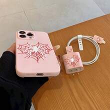 5件組 粉色與白色蜘蛛圖案手機殼 + 充電頭保護套 + 線材保護套 + 收納繩 TPU 防震保護殼，相容 Apple 17 16e 16 15 14 13 12 11 Mini Pro Max Air X XR XSMAX 8 7 Plus，防摔磨砂背蓋，智慧型手機保護殼，日常使用殼，時尚手機配件，創意設計，UV 印刷設計，時尚保護殼，時尚愛好者，音樂愛好者，生日禮物首選 - 彩色 - 查看 5